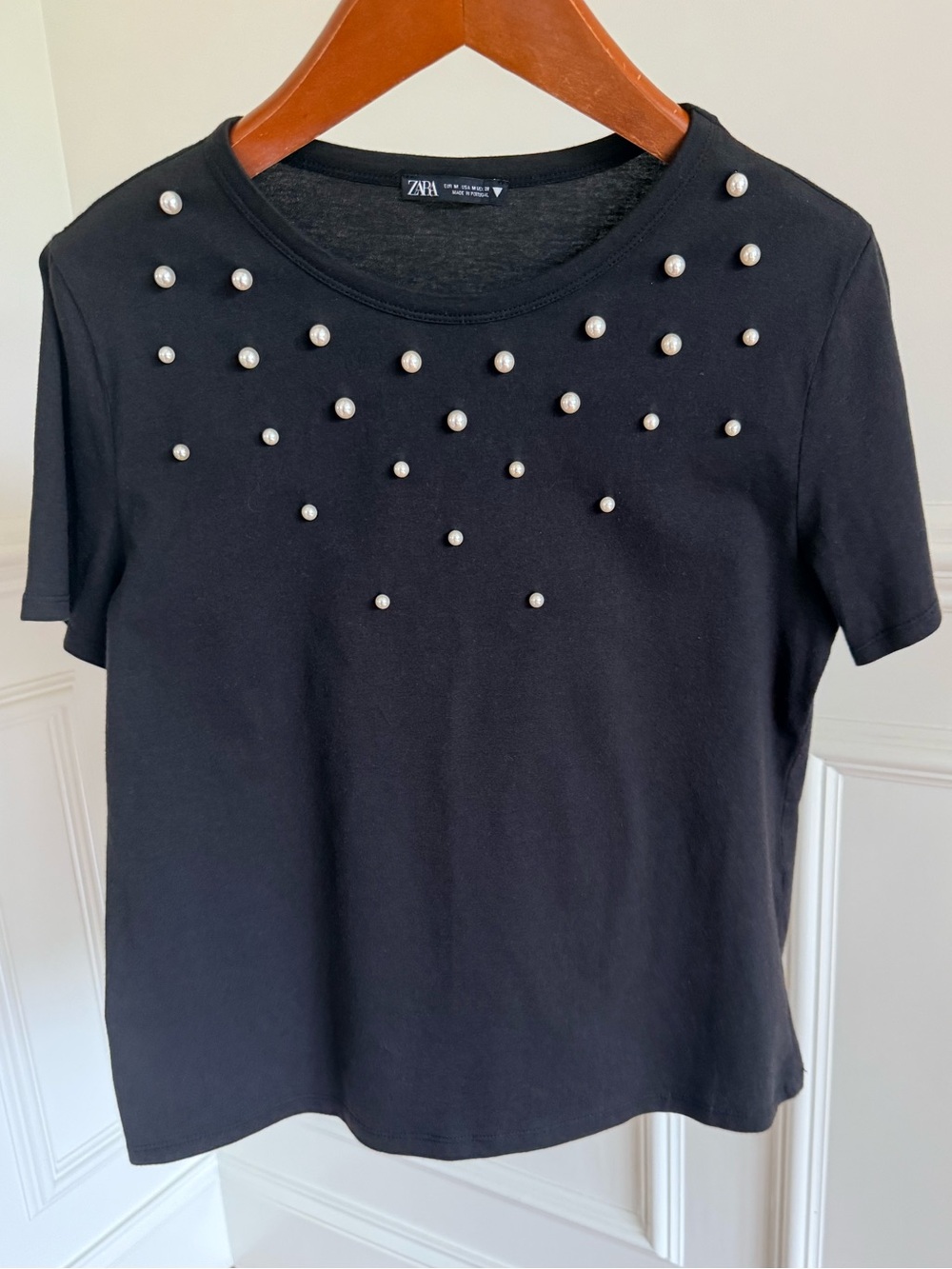 Zara Women Top Black Short-Sleeve Tee Shirt with Pearl Studs Size M